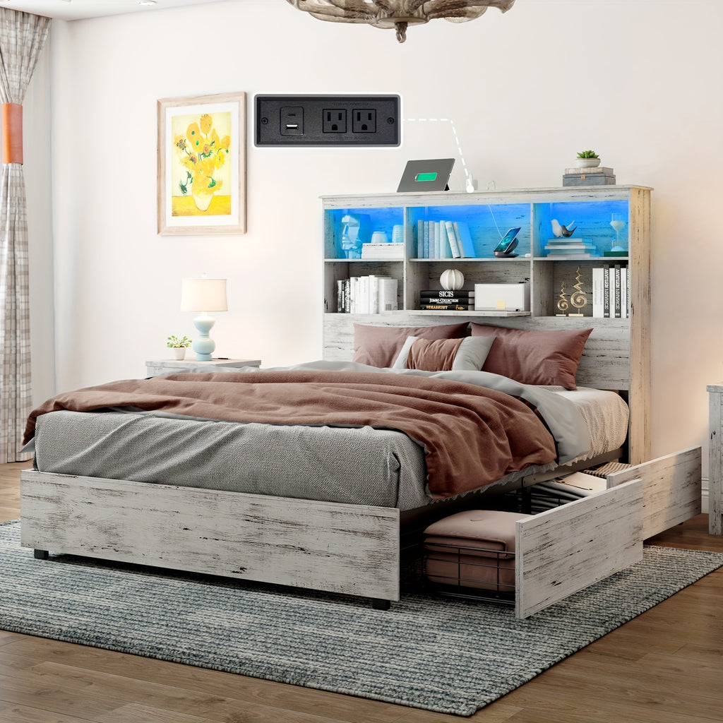 led bookcase headboard bed frame featuring a charging - Temu