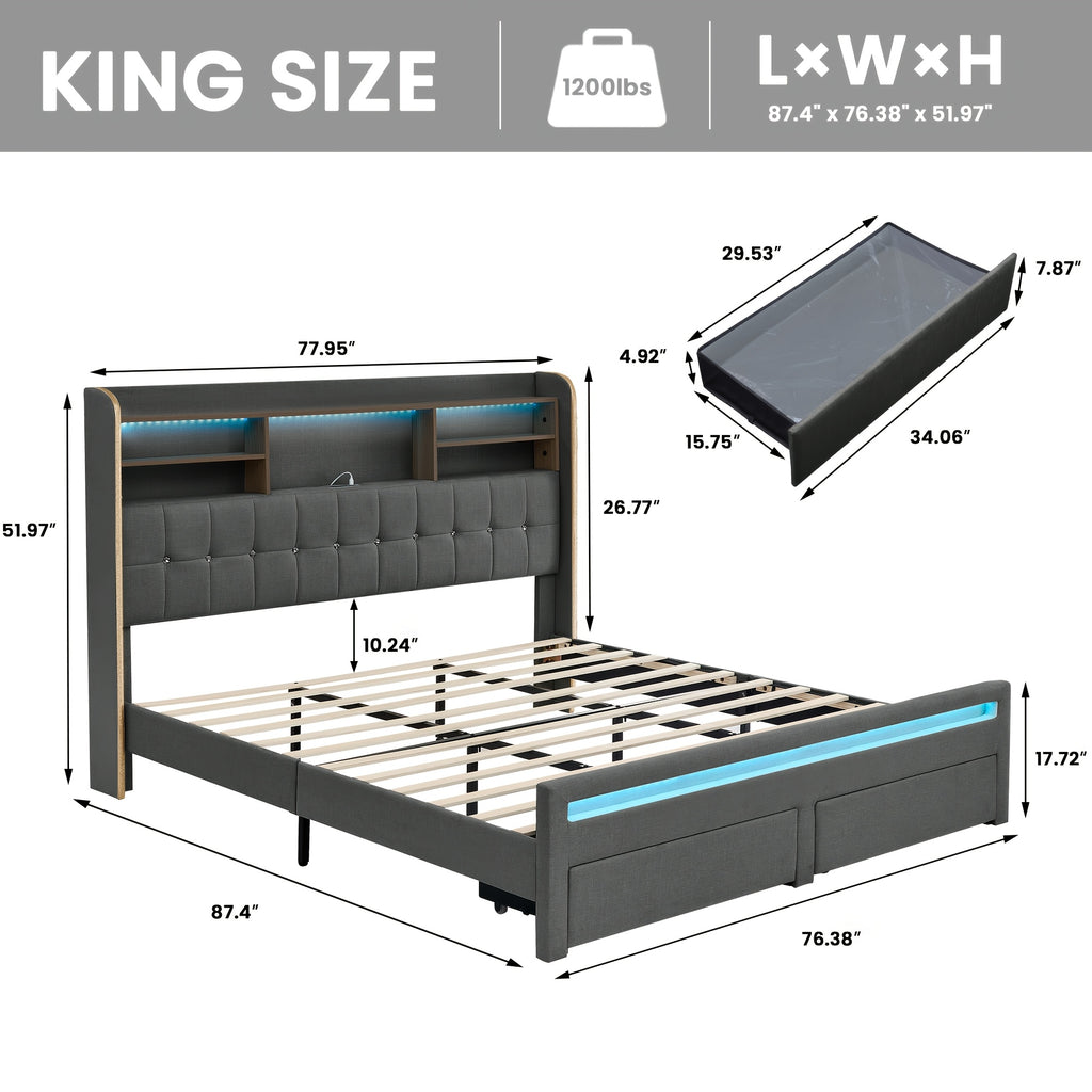 a queen sized bed frame featuring a headboard bookcase - Temu