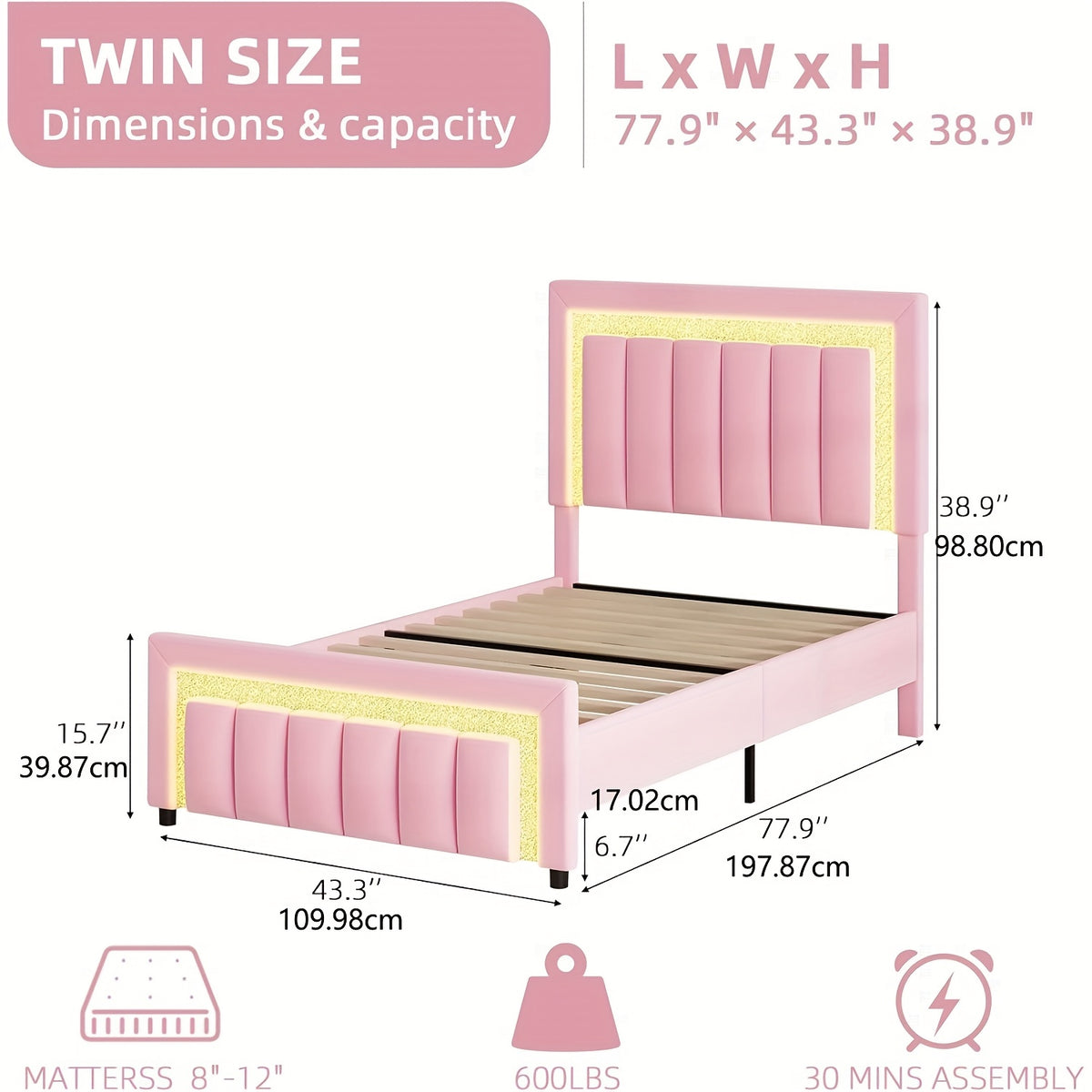 twin full bed frame led lights velvet upholstered headboard - Temu