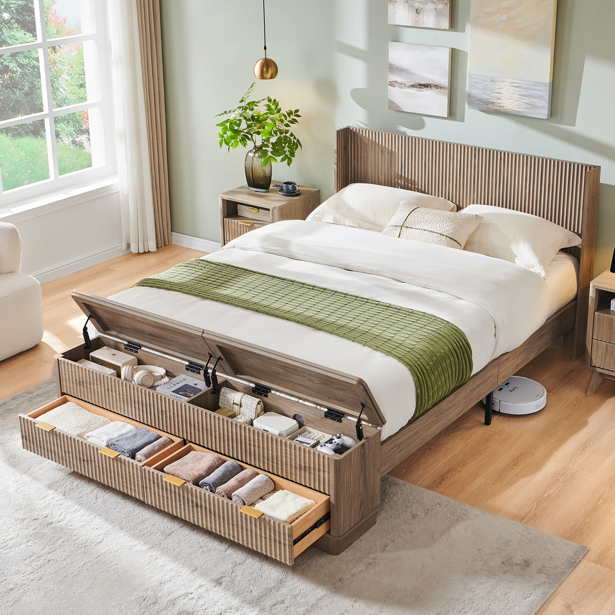 space saving upholstered platform bed in king queen sizes - Temu