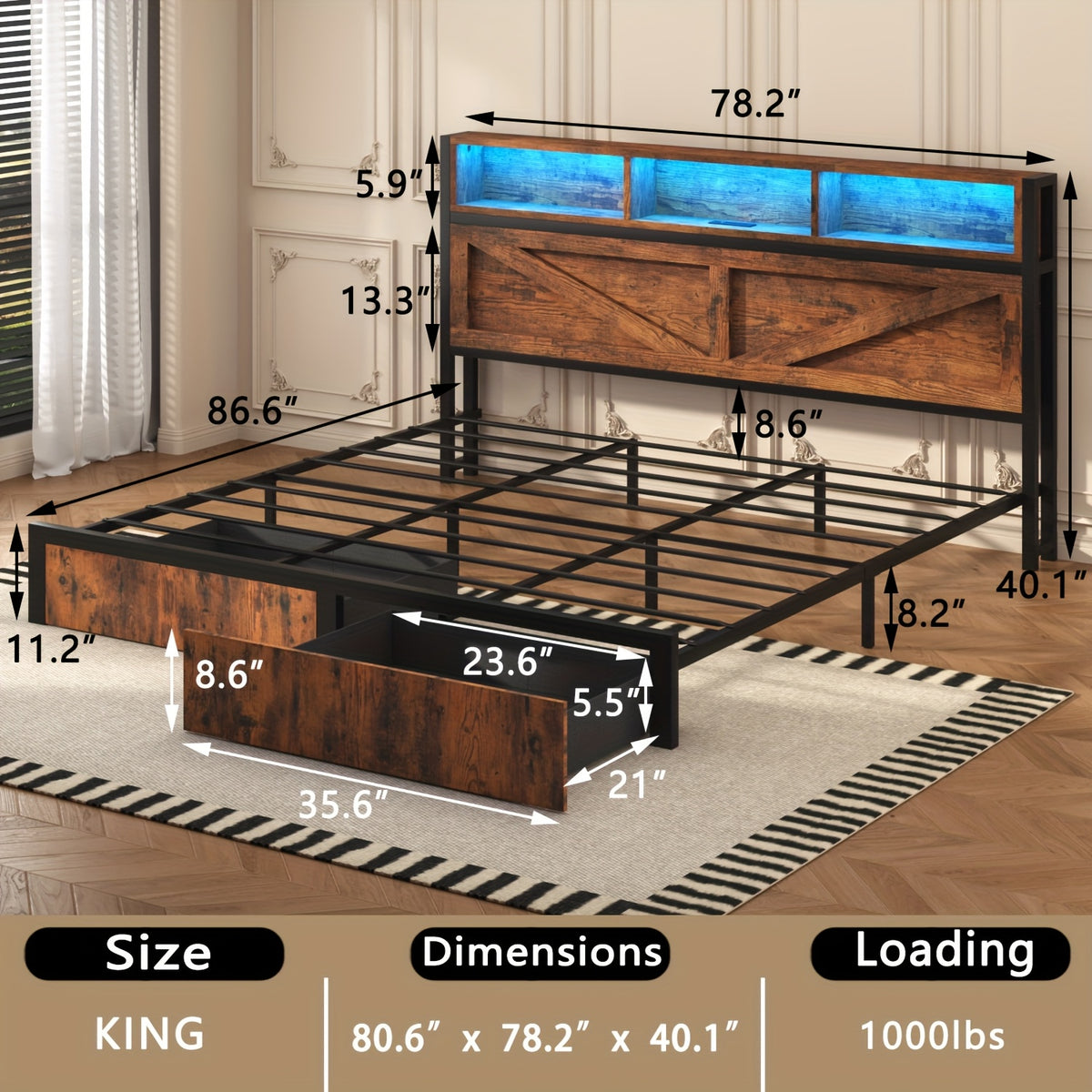 farmhouse bed frame storage headboard drawers led lights - Temu