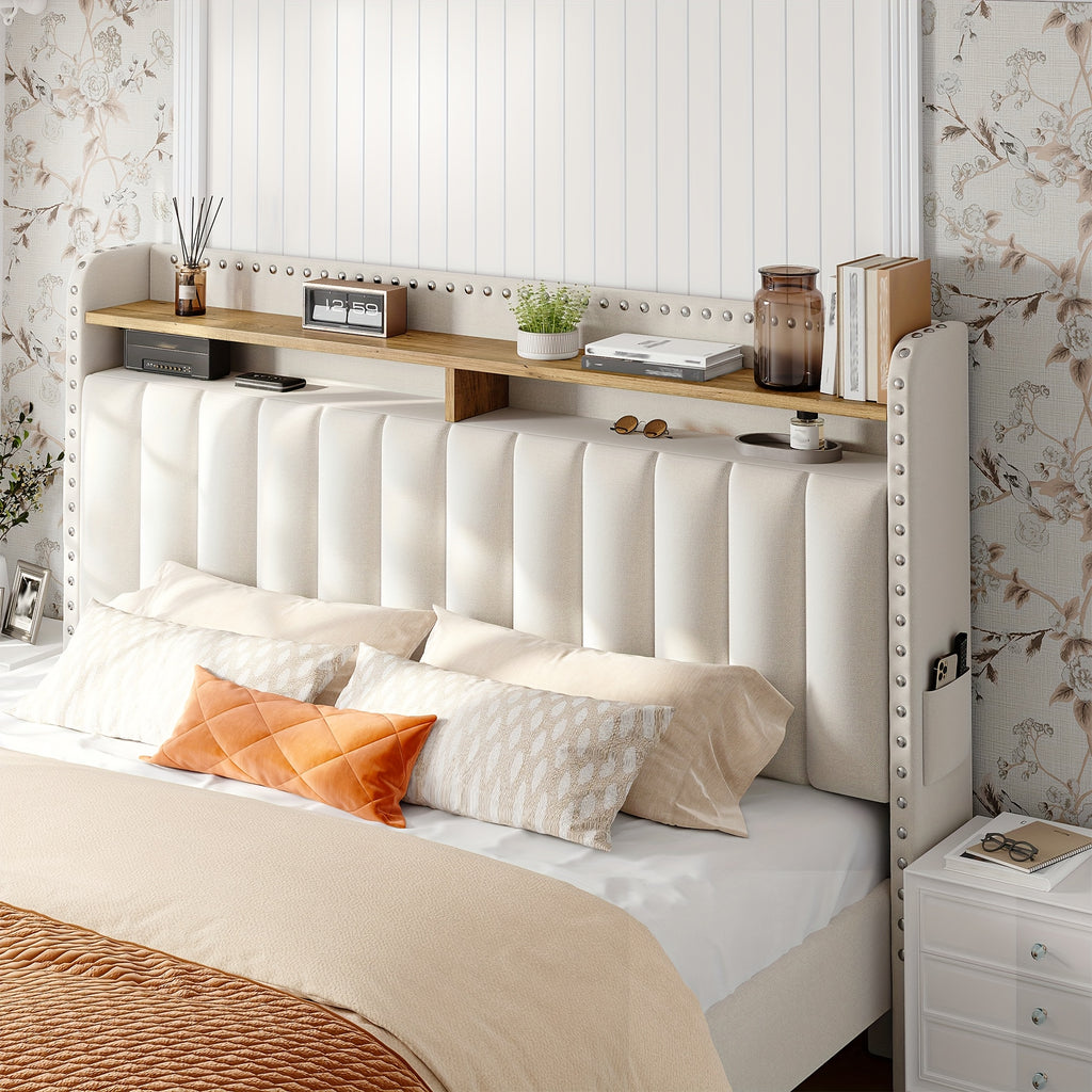king size upholstered bed frame storage 2 tier headboard 2 - Temu