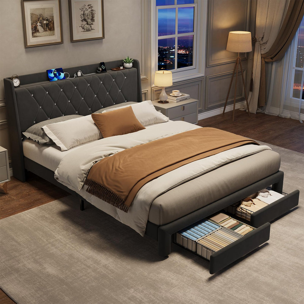 queen velvet upholstered platform bed frame storage drawers - Temu
