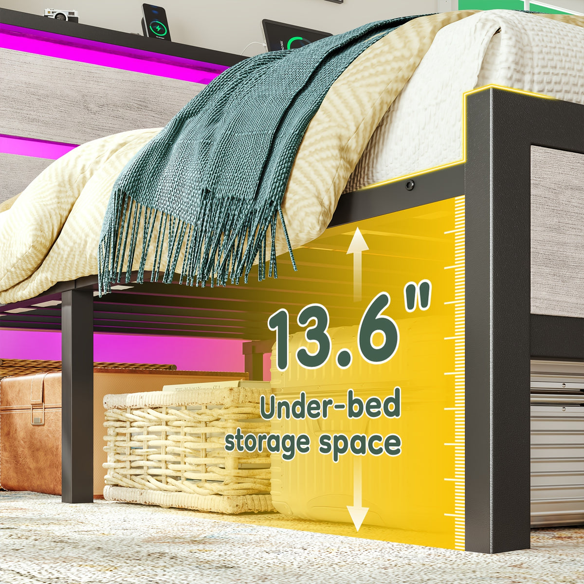 bed frame usb ports led lights headboard shelf heavy duty - Temu