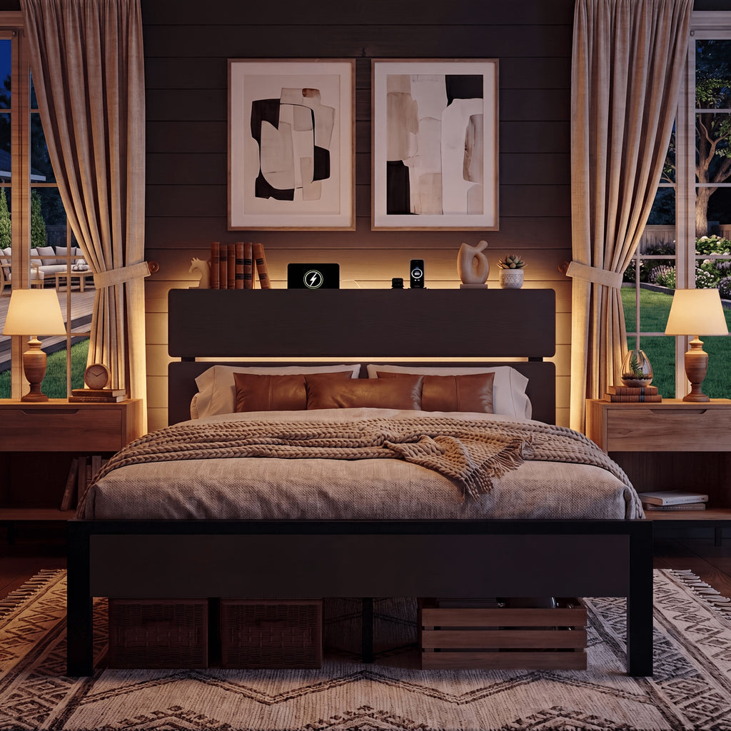 platform bed frame led lights charging station wooden - Temu