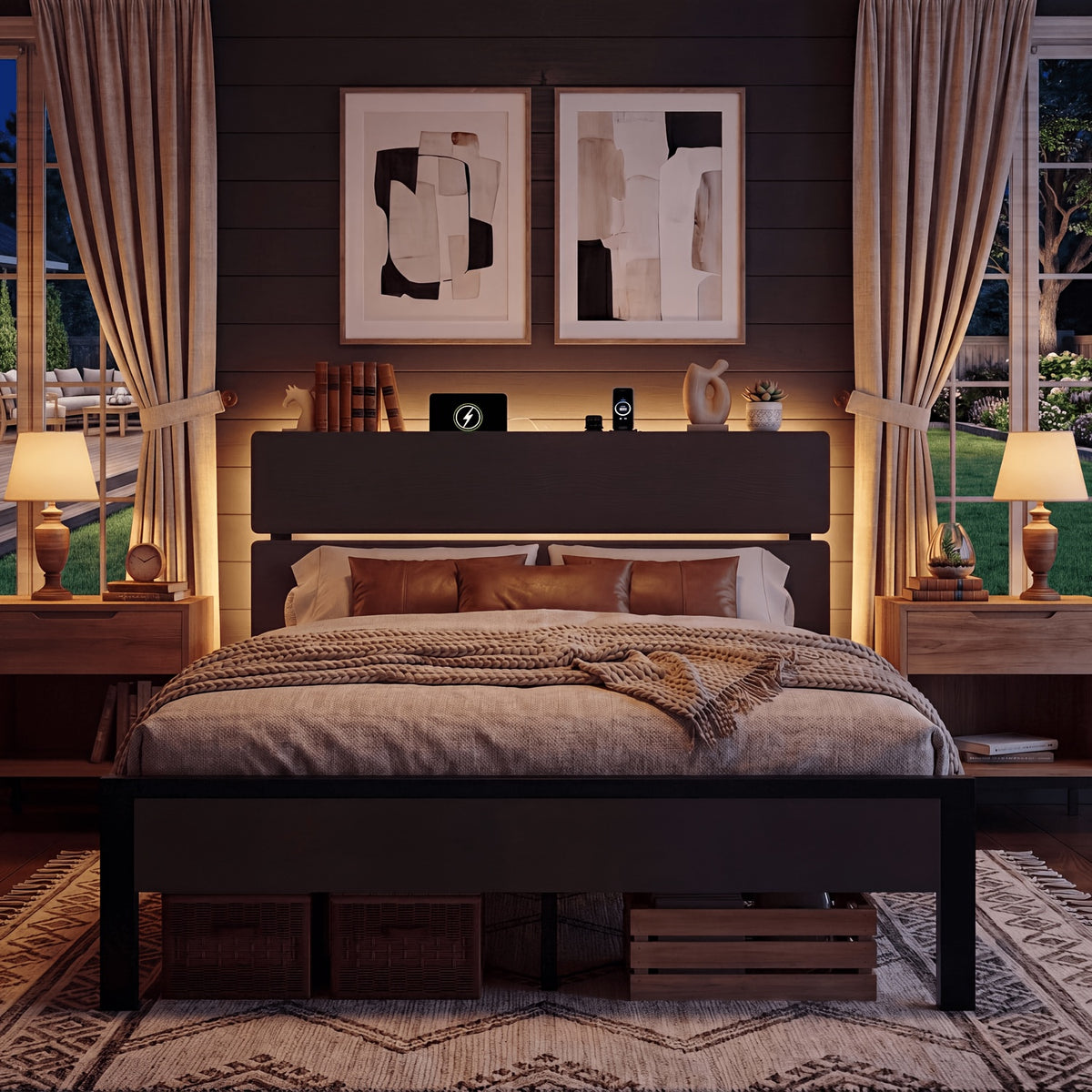 platform bed frame led lights charging station wooden - Temu