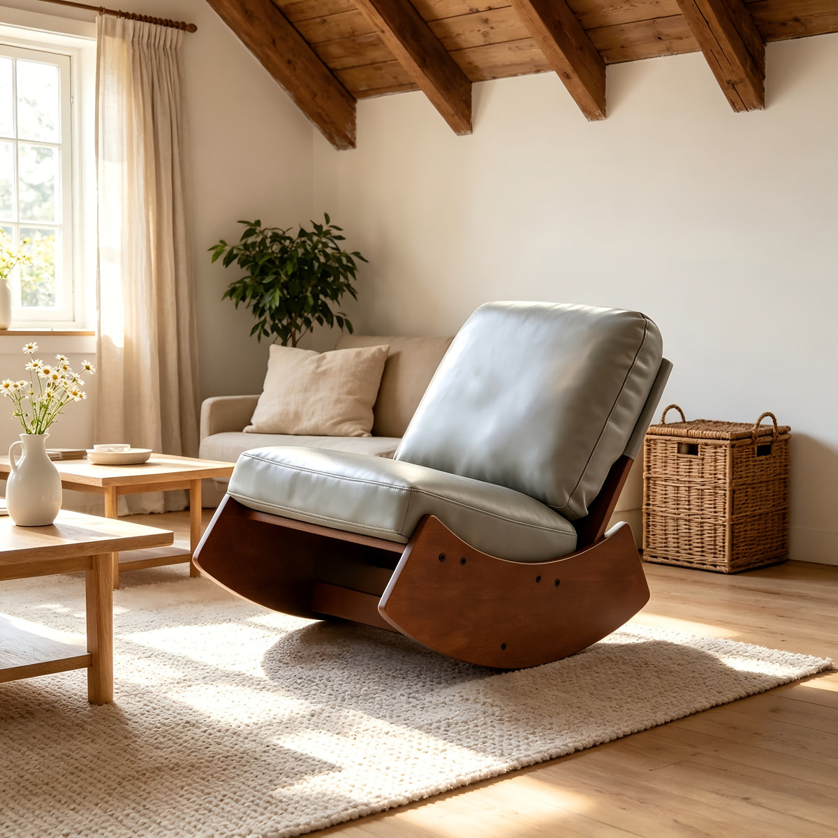 solid wood rocking accent chair pu leather upholstered comfy - Temu