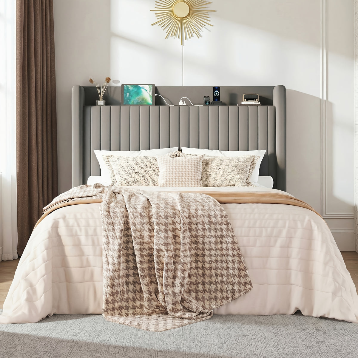 full queenking size wingback platform bed frame built - Temu