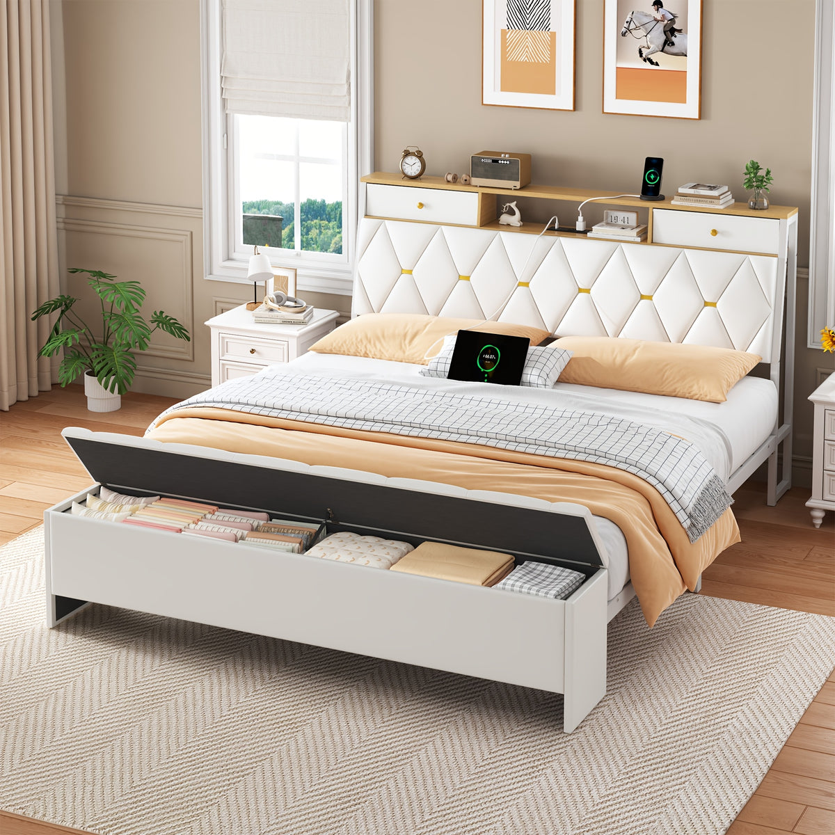 mraeer bed frame storage bench 2 drawers charging station no - Temu
