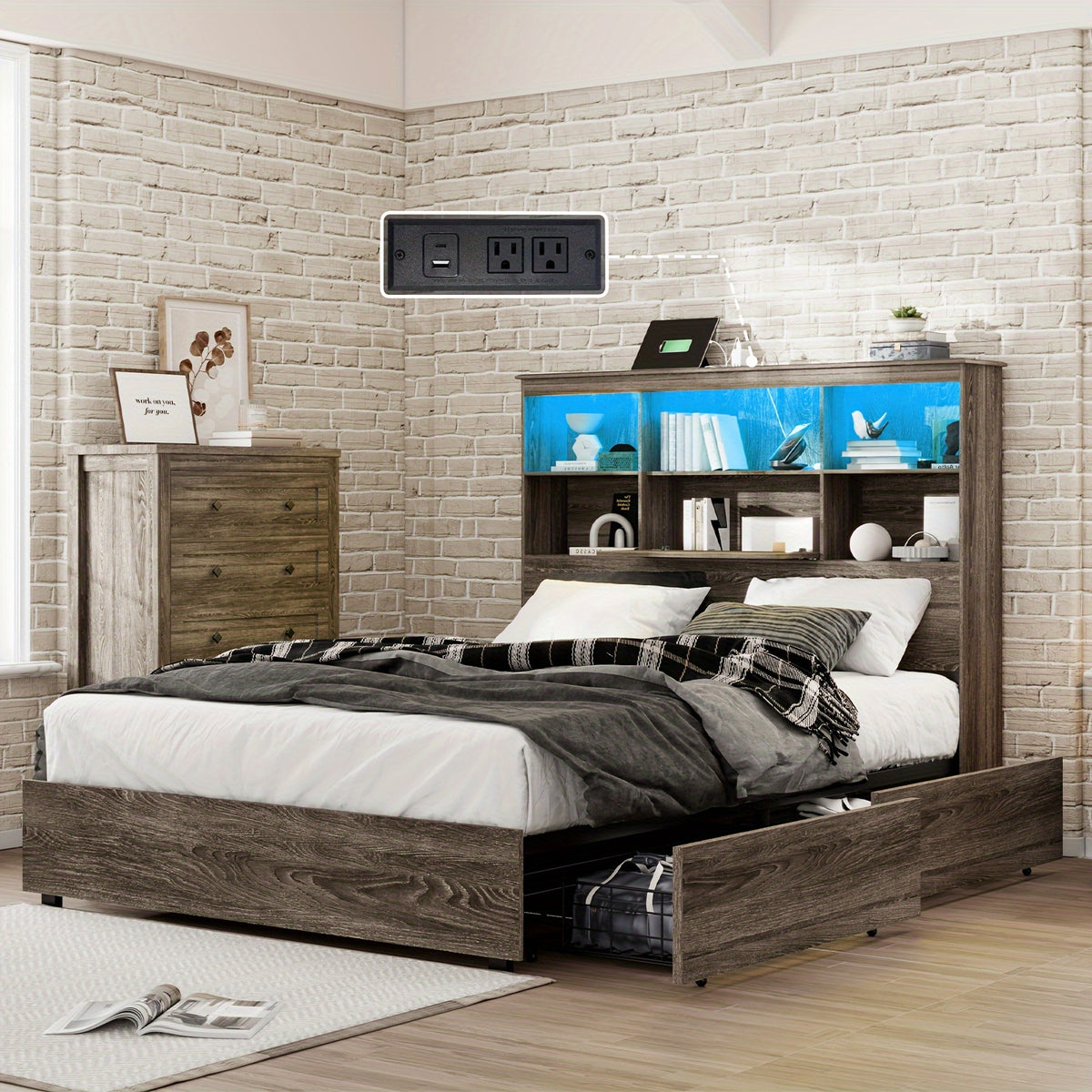 led bookcase headboard bed frame featuring a charging - Temu