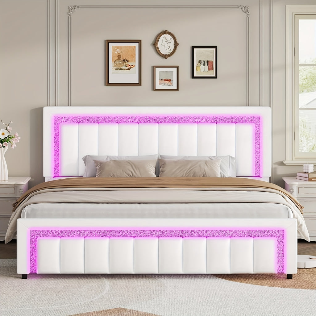 twin full bed frame led lights velvet upholstered headboard - Temu