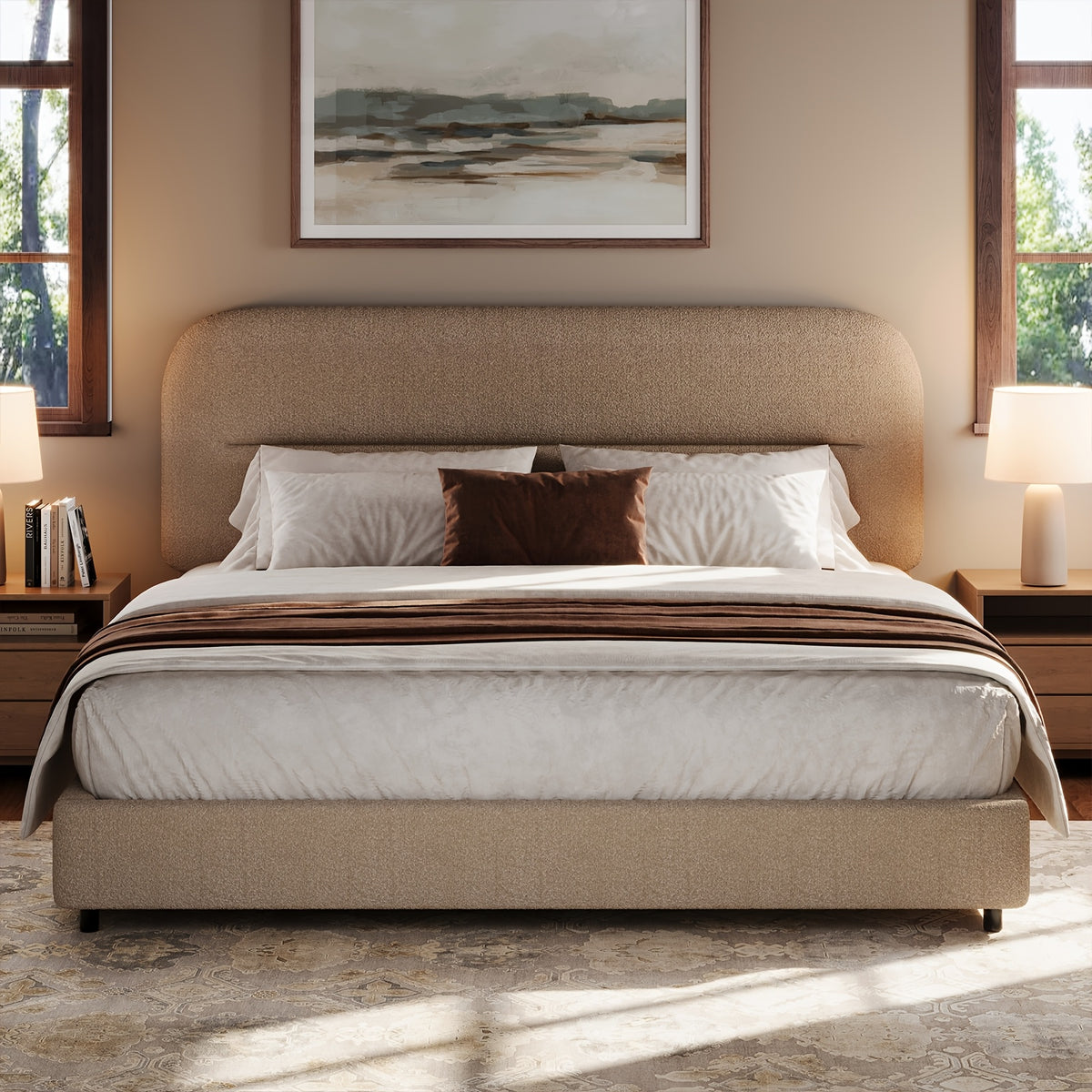 queen bed frame boucle upholstered platform bed frame - Temu