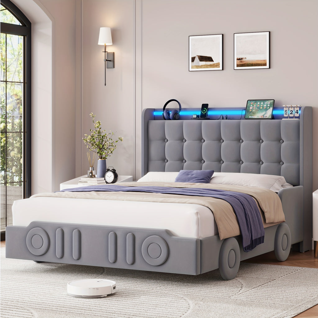 twin full queen upholstered bed frame led lights charging - Temu