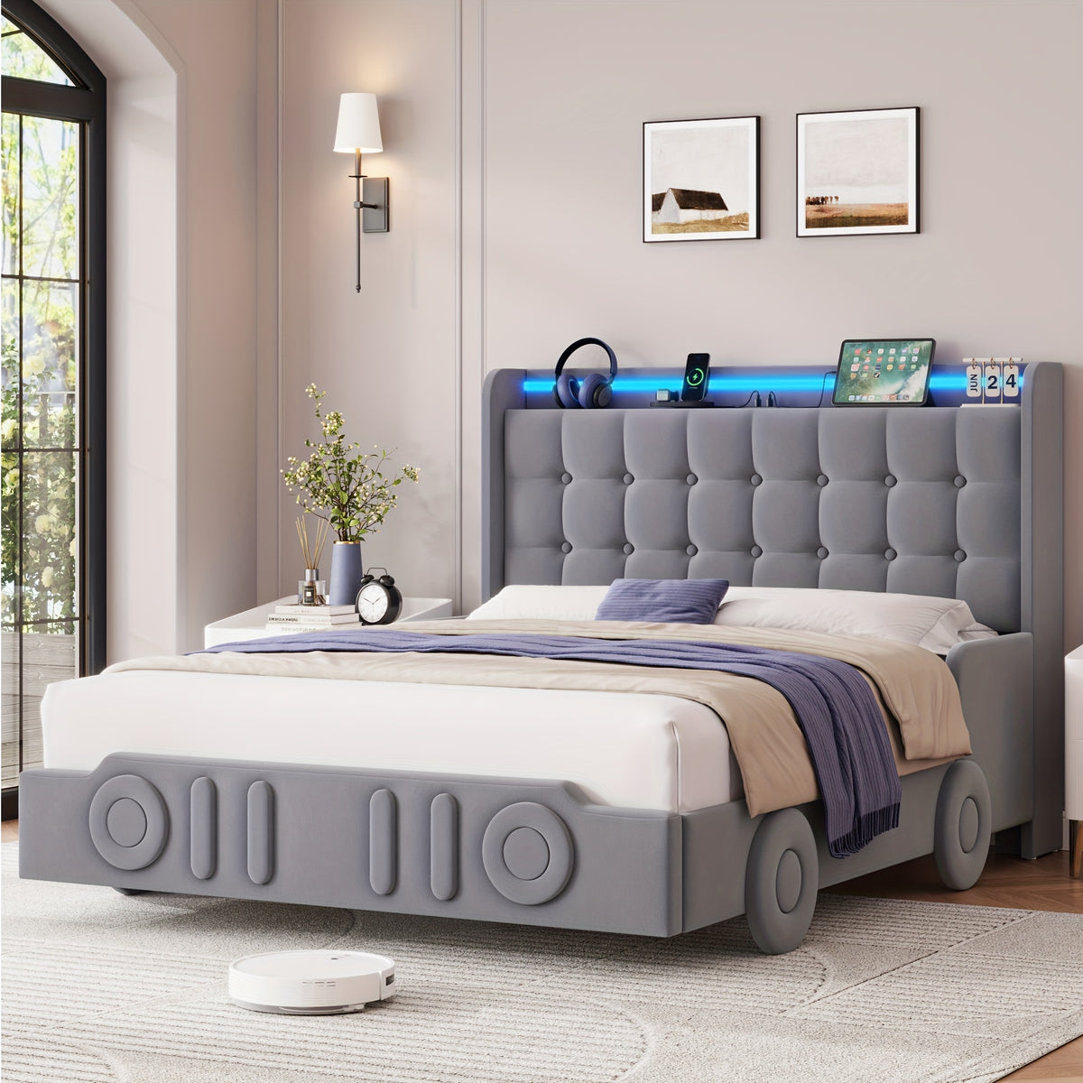 twin full queen upholstered bed frame led lights charging - Temu