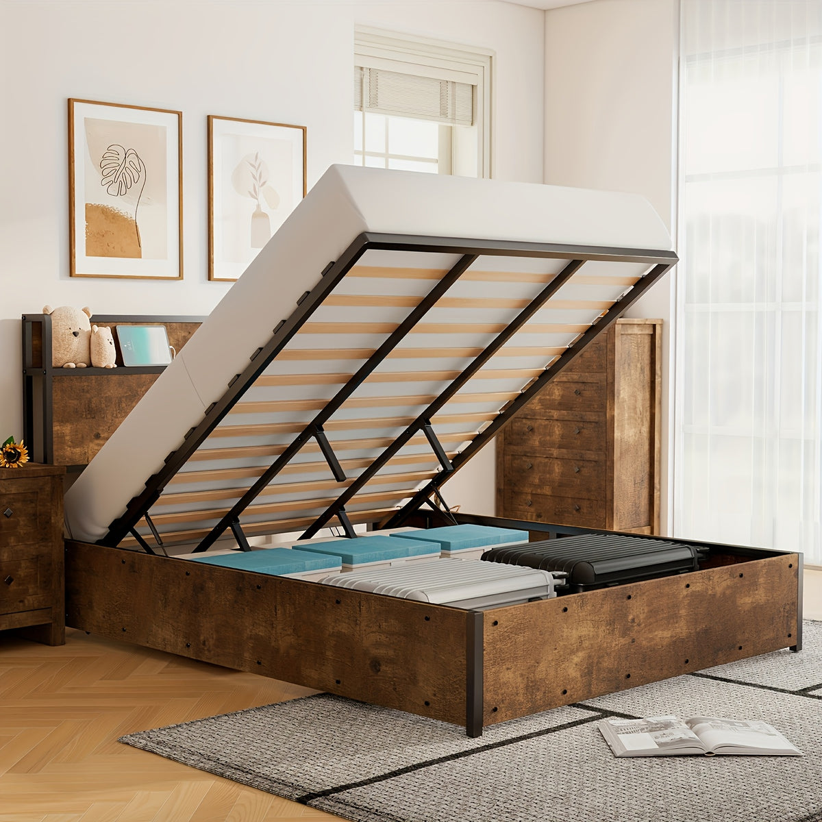 full queen king size lift storage bed wood platform bed - Temu