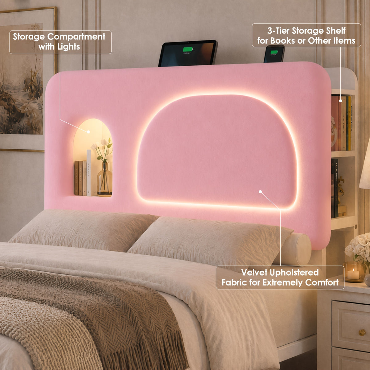 queen size led bed frame storage headboard drawers velvet - Temu