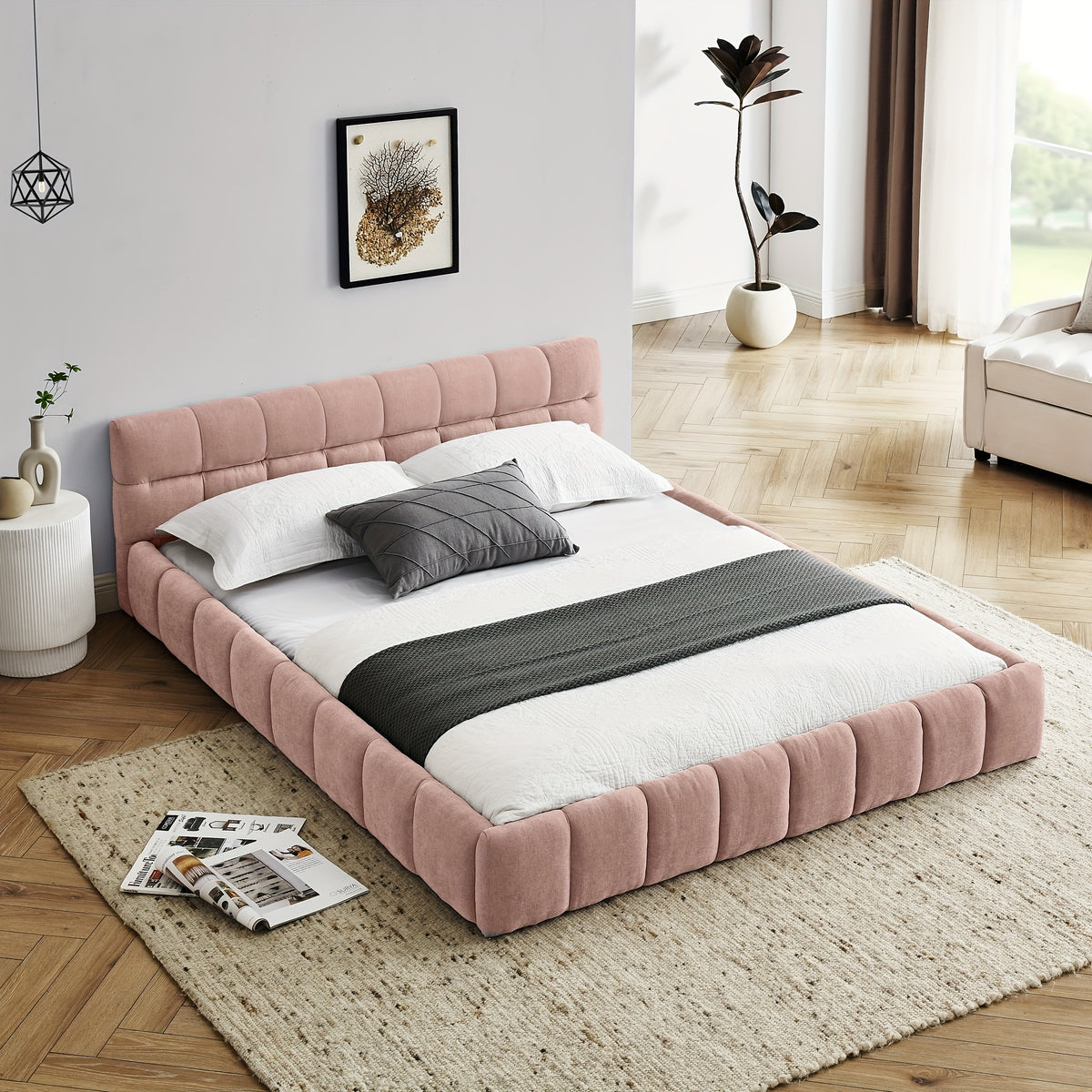 68 queen size modern bed cute puff grid pattern chenille - Temu