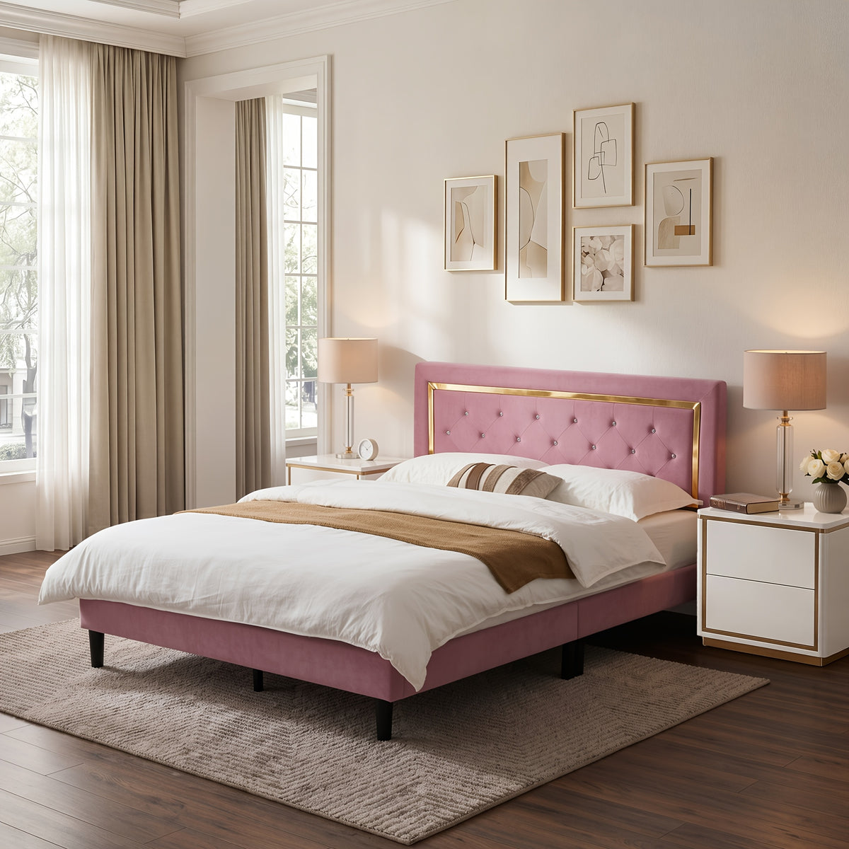 flannel upholstered platform bed frame integrated headboard - Temu