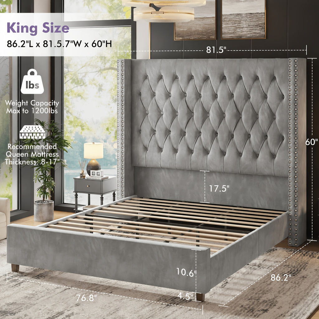60 inch tall velvet bed frame tufted wingback - Temu