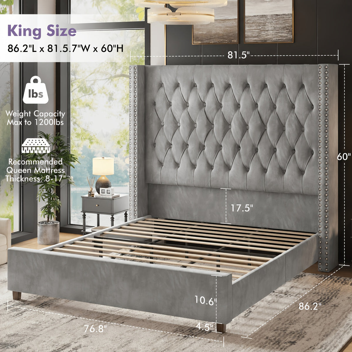 60 inch tall velvet bed frame tufted wingback - Temu