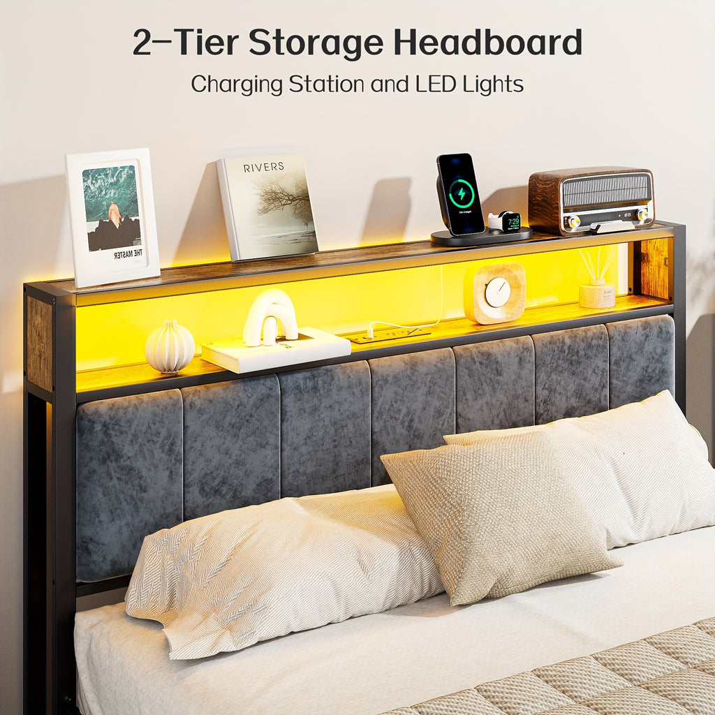metal bed frame headboard storage shelves led lights type c - Temu