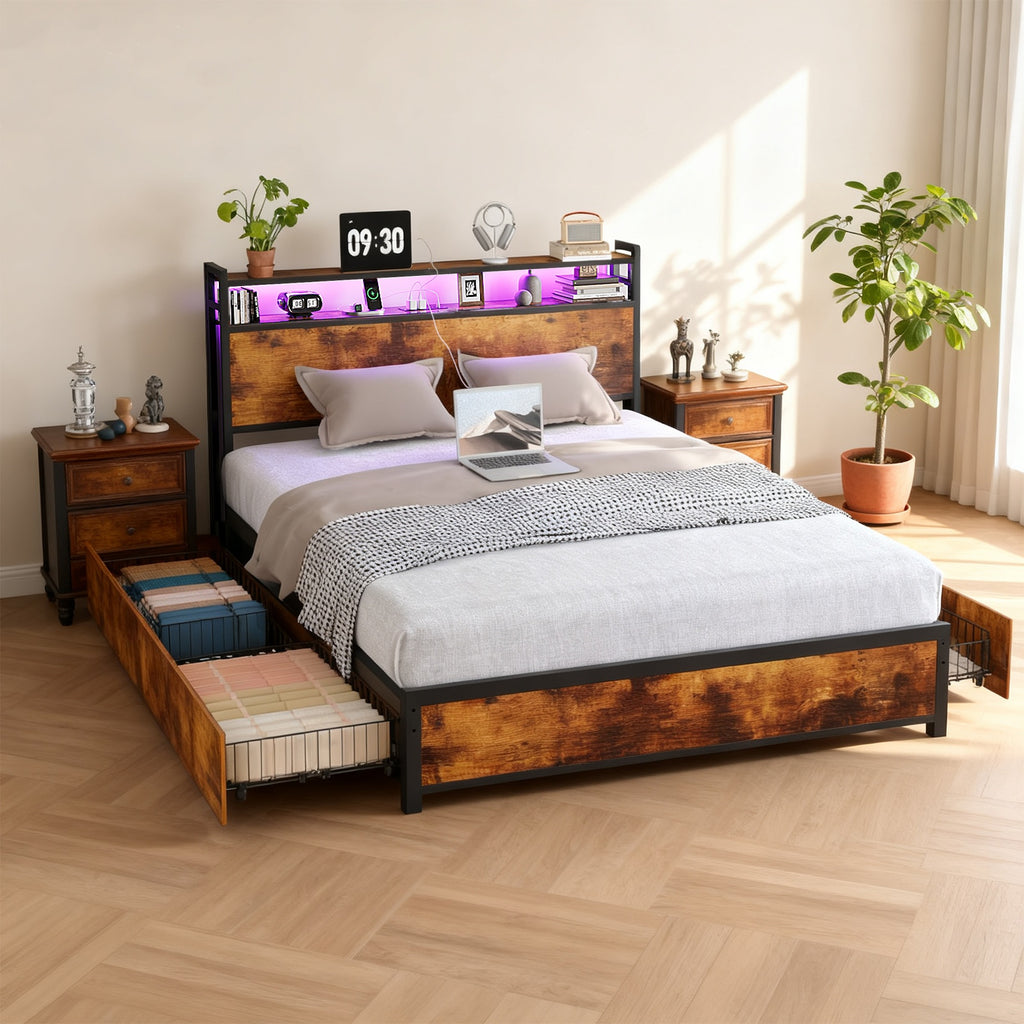 queen size bed frame storage headboard 4 drawers no - Temu