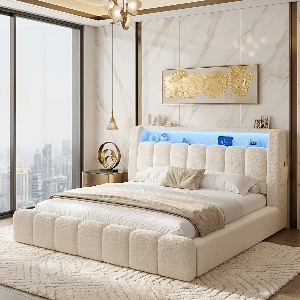 cloud bed frame cream white storage headboard built in led - Temu