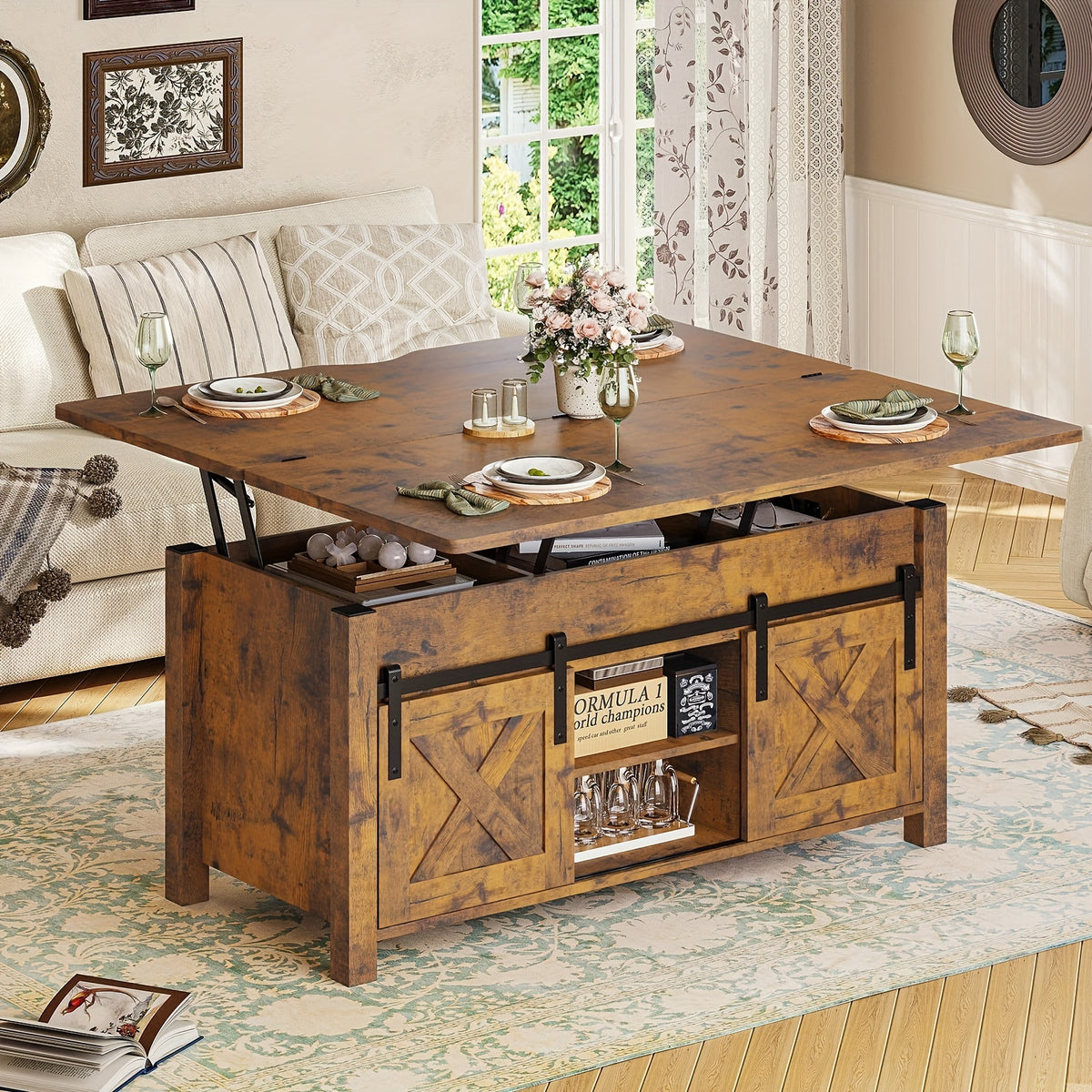 farmhouse lift top coffee table hidden compartments open - Temu