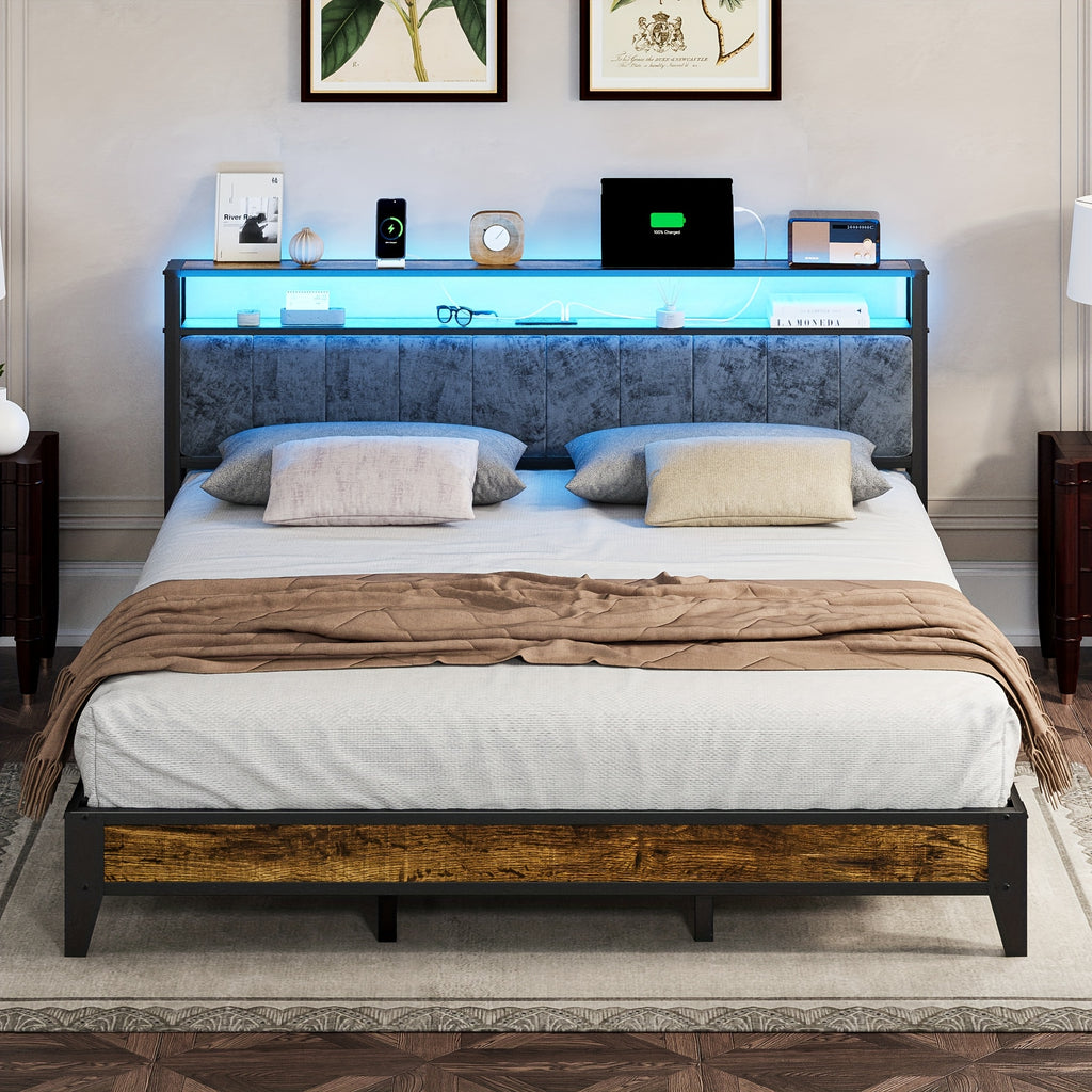 metal bed frame headboard storage shelves led lights type c - Temu