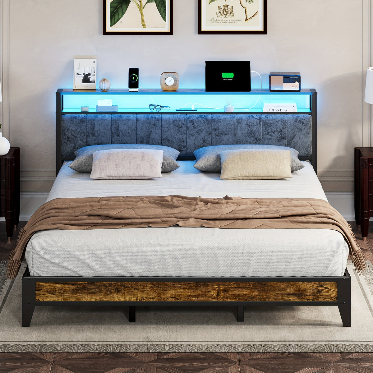 metal bed frame headboard storage shelves led lights type c - Temu