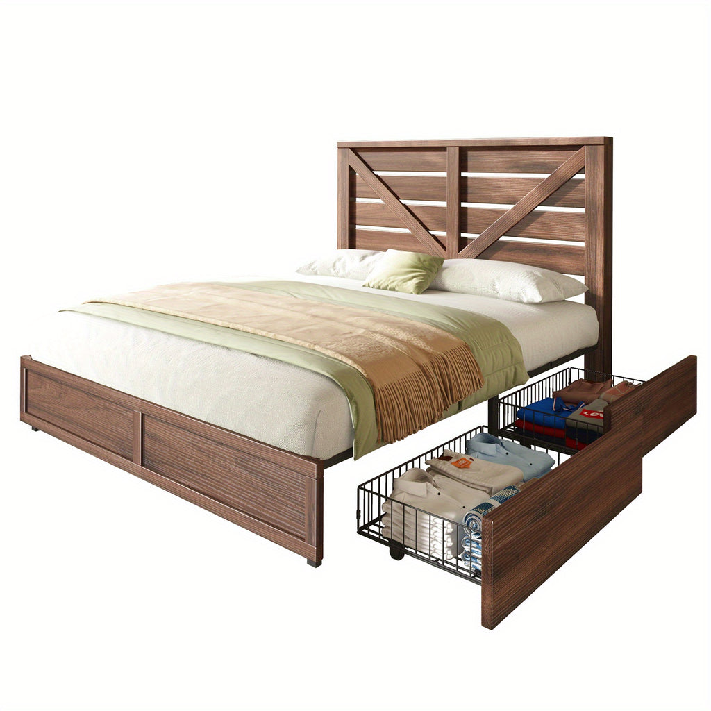 farmhouse bed frame 4 storage drawers rustic vintage mdf - Temu