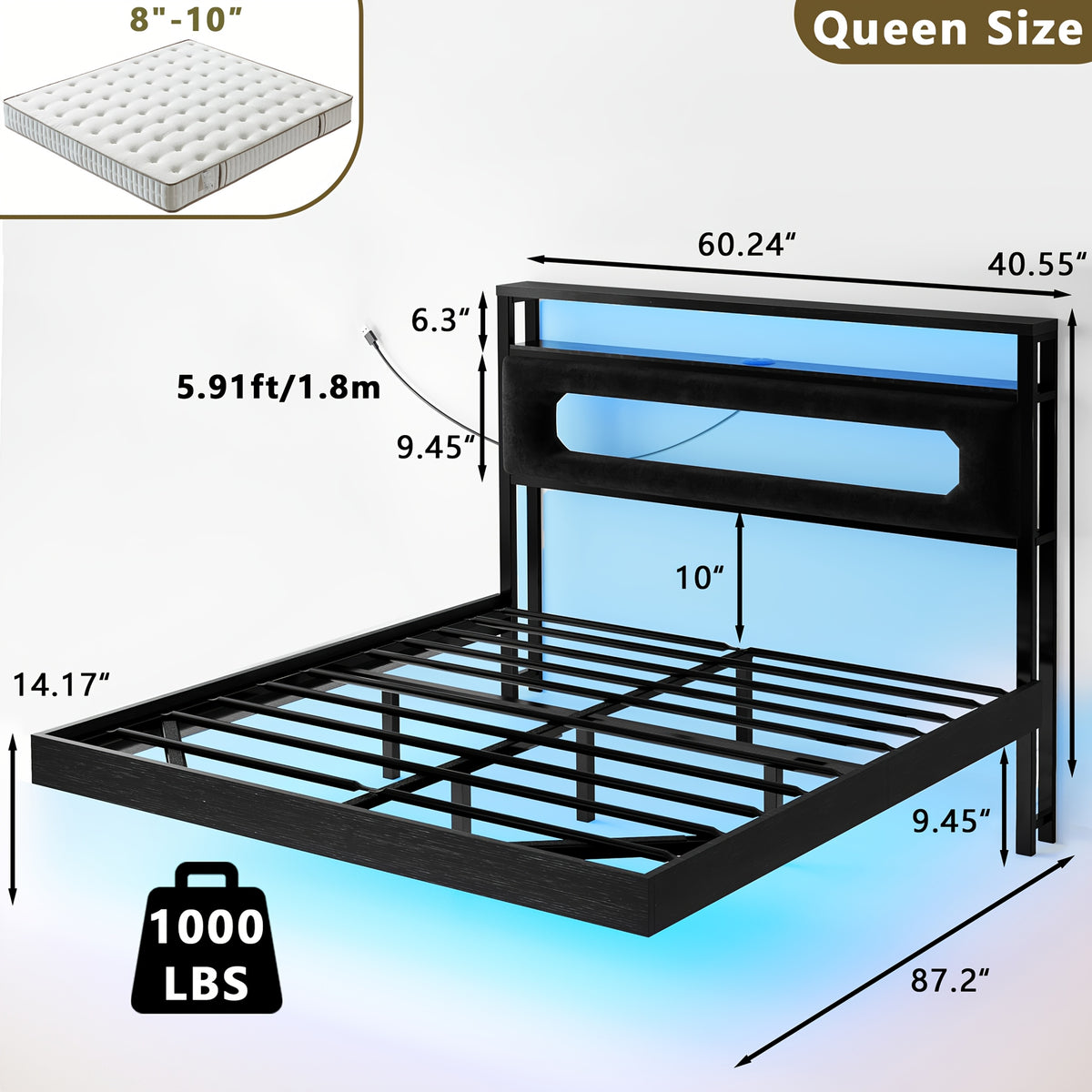 floating bed frame led lighting headboard built in storage - Temu