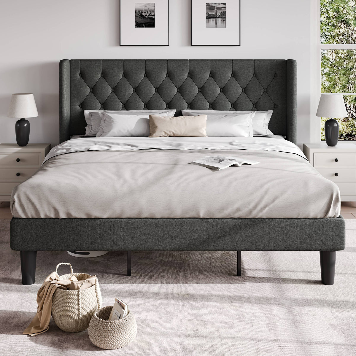 classic bed frame button tufted wingback headboard - Temu