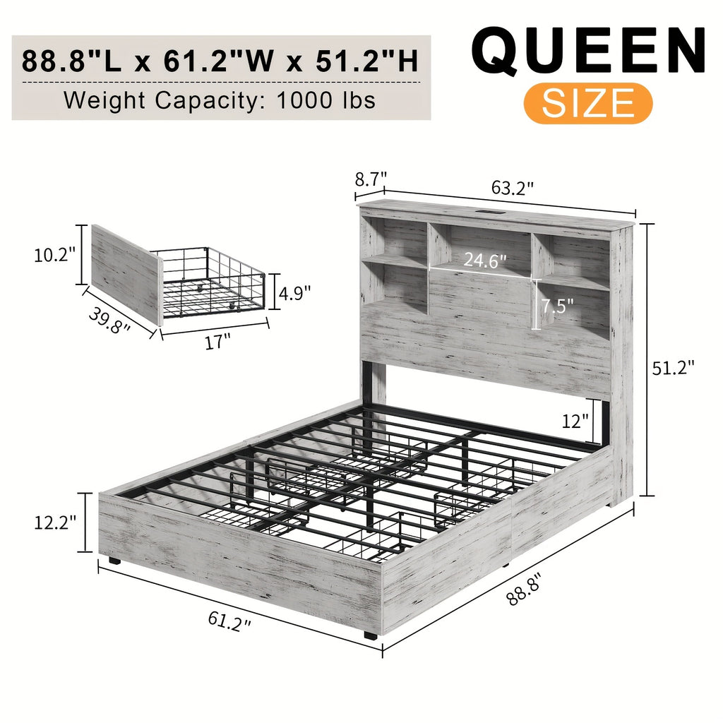 led bookcase headboard bed frame featuring a charging - Temu