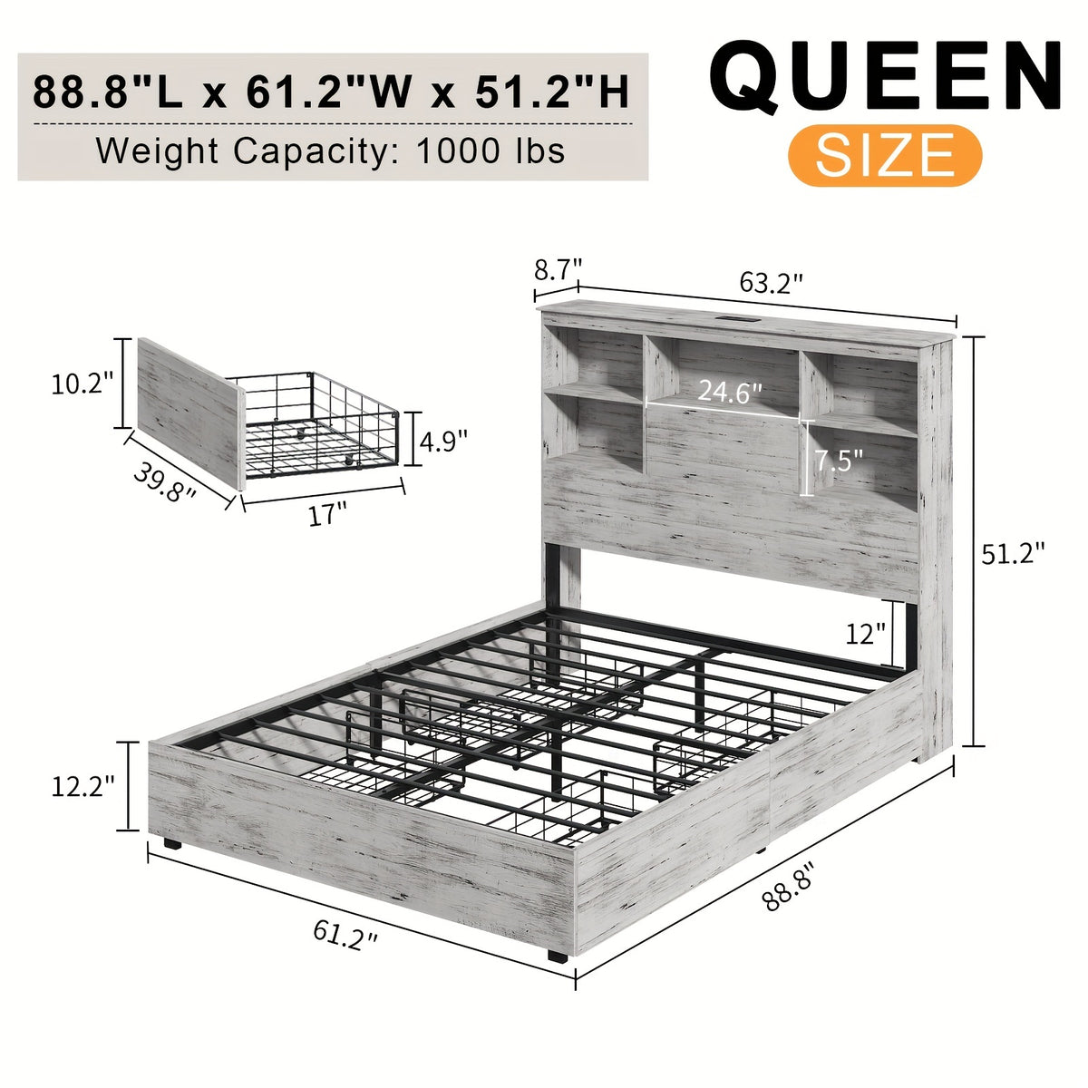 led bookcase headboard bed frame featuring a charging - Temu