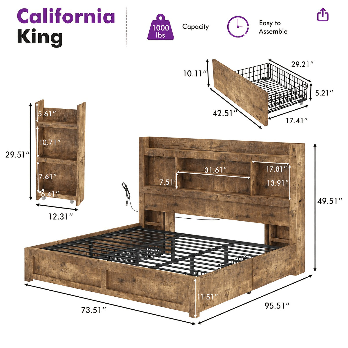 bed frame 49 6 inch bookcase headboard 4 drawers 2 - Temu