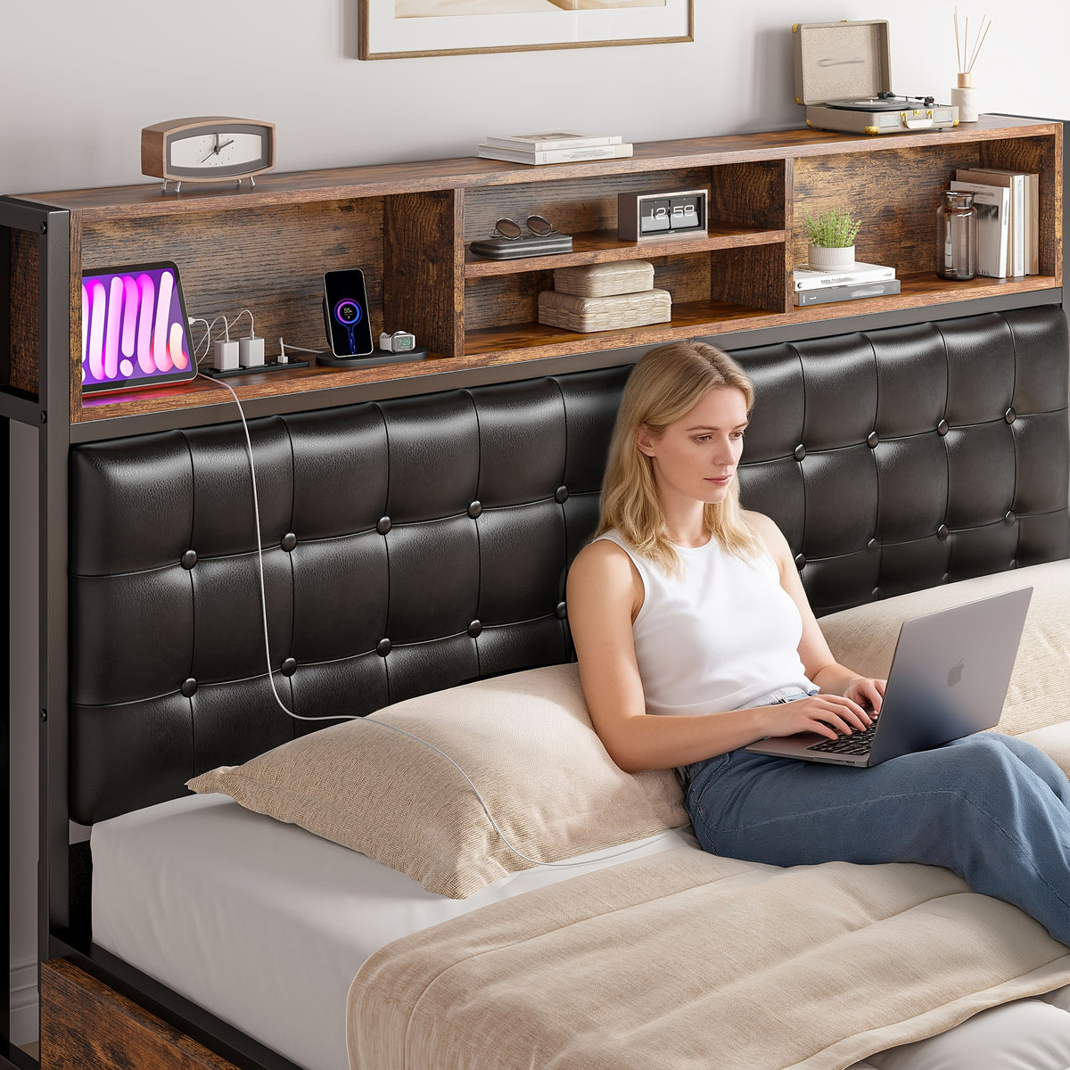 king queen full bed frame 4 storage drawers headboard - Temu