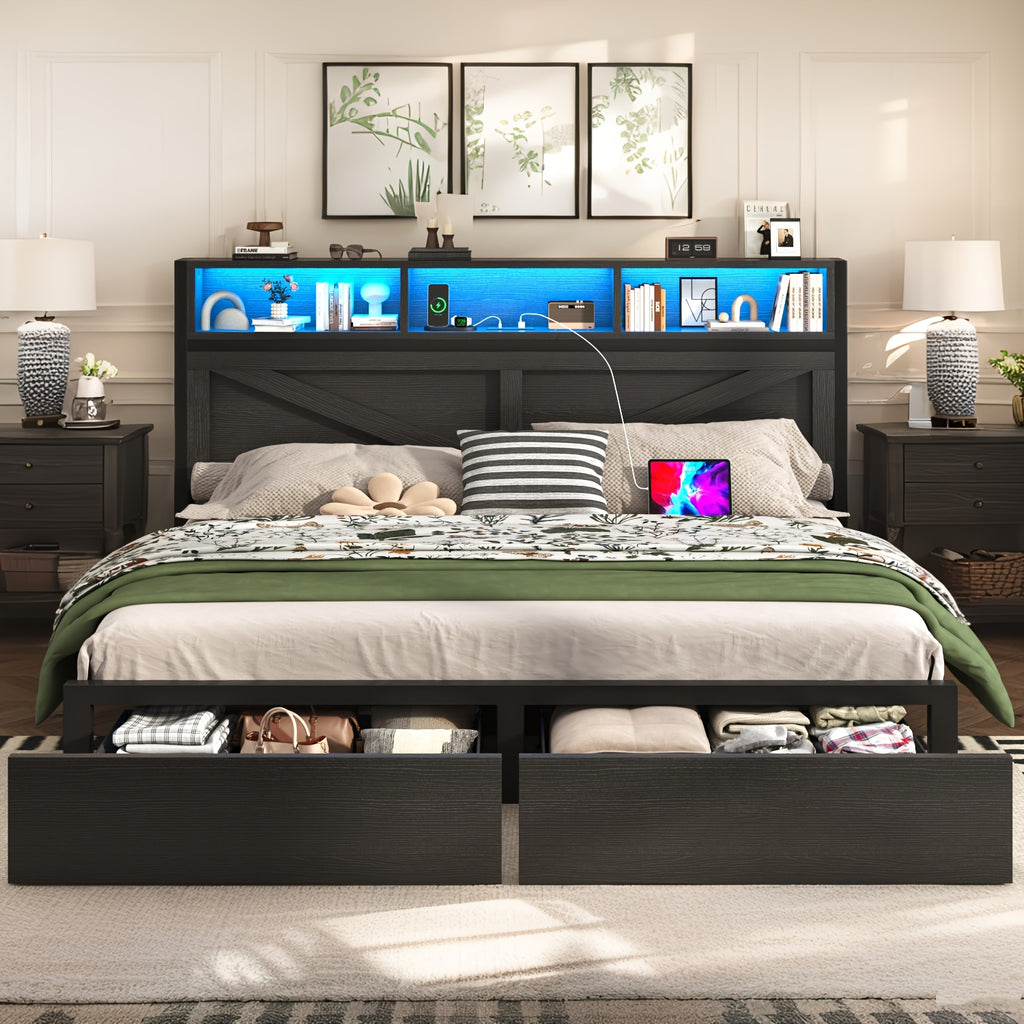 farmhouse bed frame storage headboard drawers led lights - Temu