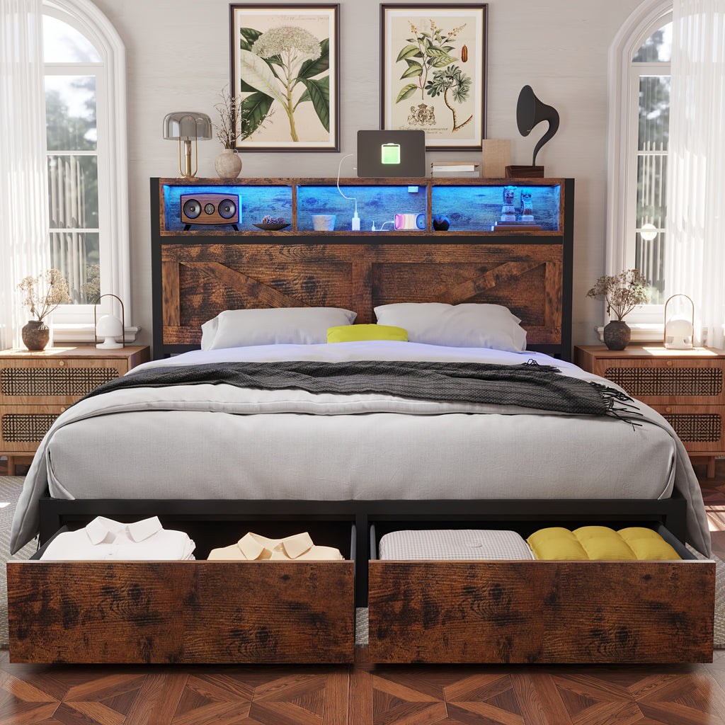 farmhouse bed frame bookcase headboard storage drawers no - Temu