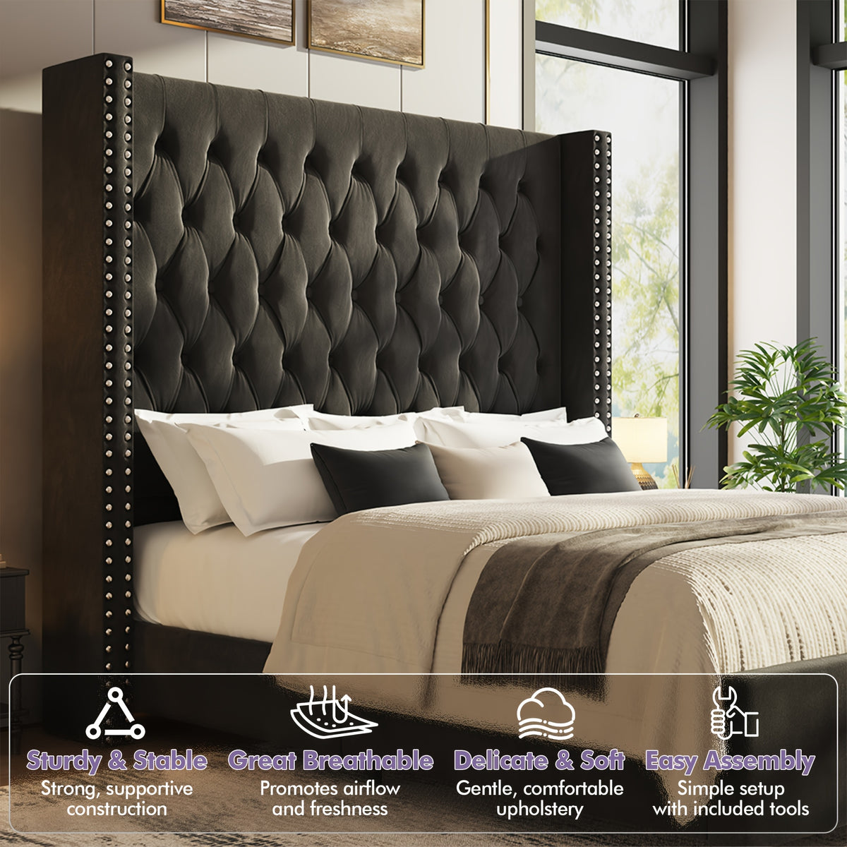 60 inch tall velvet bed frame tufted wingback - Temu