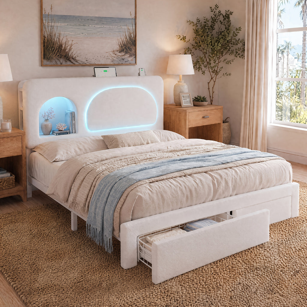 queen size led bed frame storage headboard drawers velvet - Temu