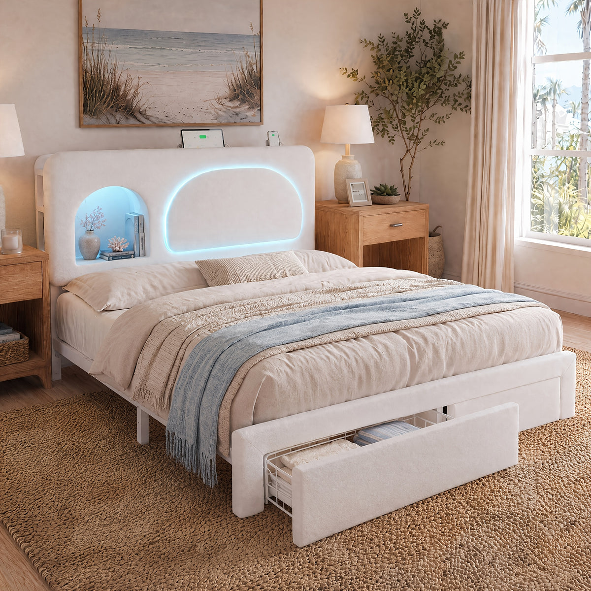 queen size led bed frame storage headboard drawers velvet - Temu