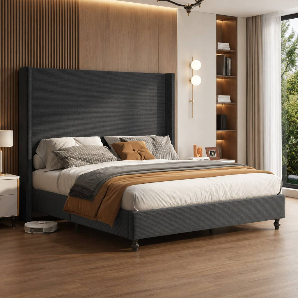 corduroy upholstered bed frame tall wingback headboard solid - Temu