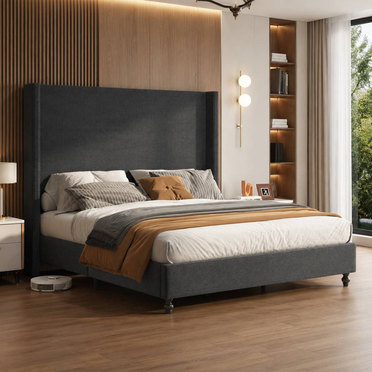 corduroy upholstered bed frame tall wingback headboard solid - Temu