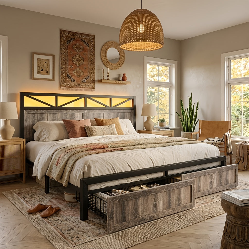 queen size led bed frame storage 2 drawers upholstered - Temu
