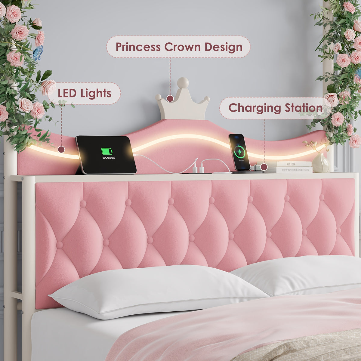 twin full queen size upholstered canopy bed frame led lights - Temu