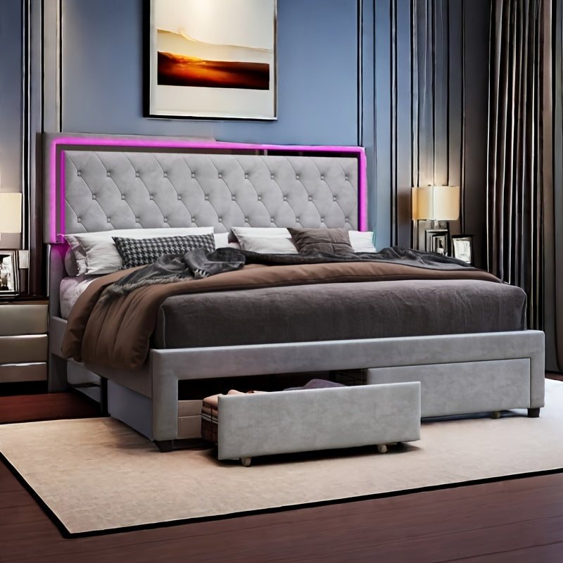 velvet upholstered led bed frame two storage drawers - Temu