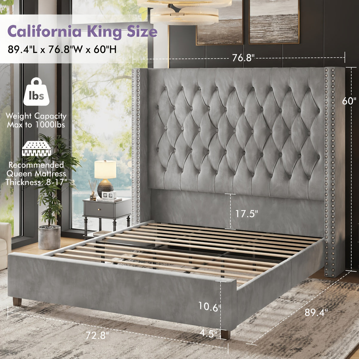 velvet upholstered platform bed frame 60 inch tall - Temu