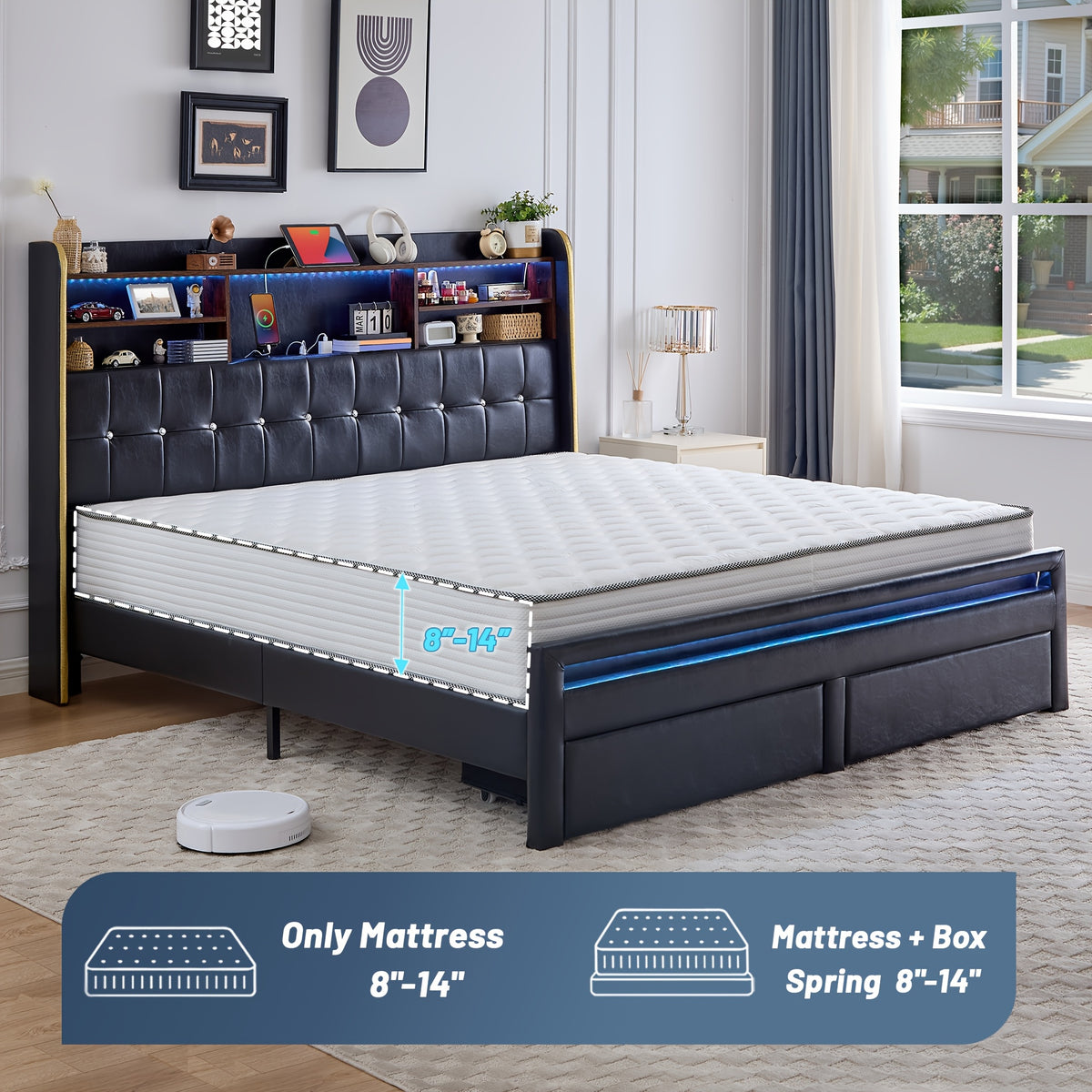 a queen sized bed frame featuring a headboard bookcase - Temu