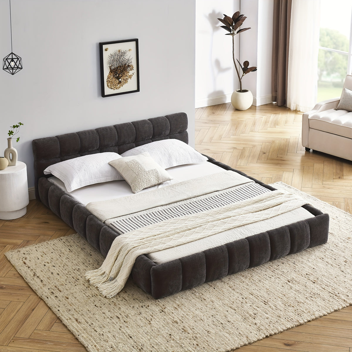 68 queen size modern bed cute puff grid pattern chenille - Temu